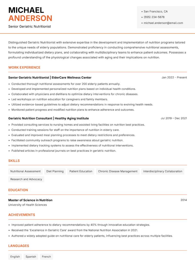 Geriatric Nutritionist resume sample — Senior Geriatric Nutritionist focus