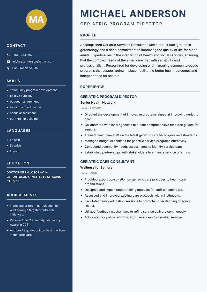 Geriatric Services Consultant resume sample — Geriatric Program Director focus
