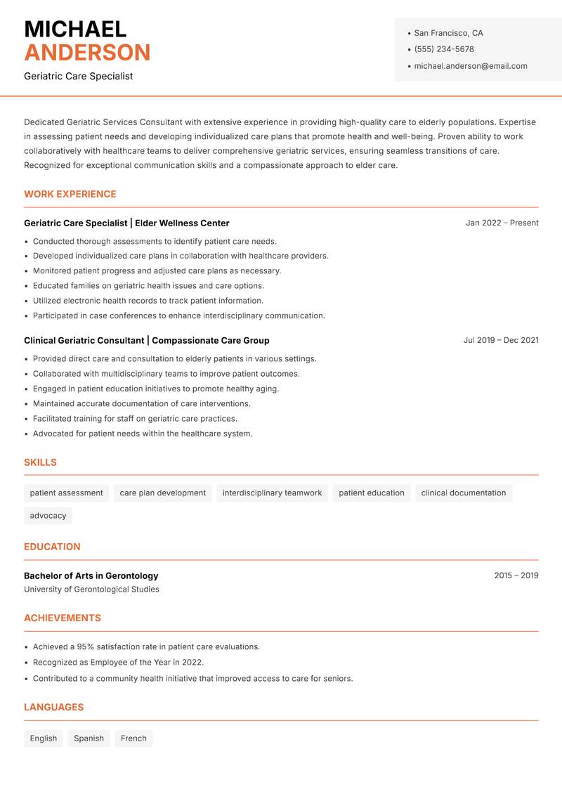 Geriatric Services Consultant resume sample — Geriatric Care Specialist focus