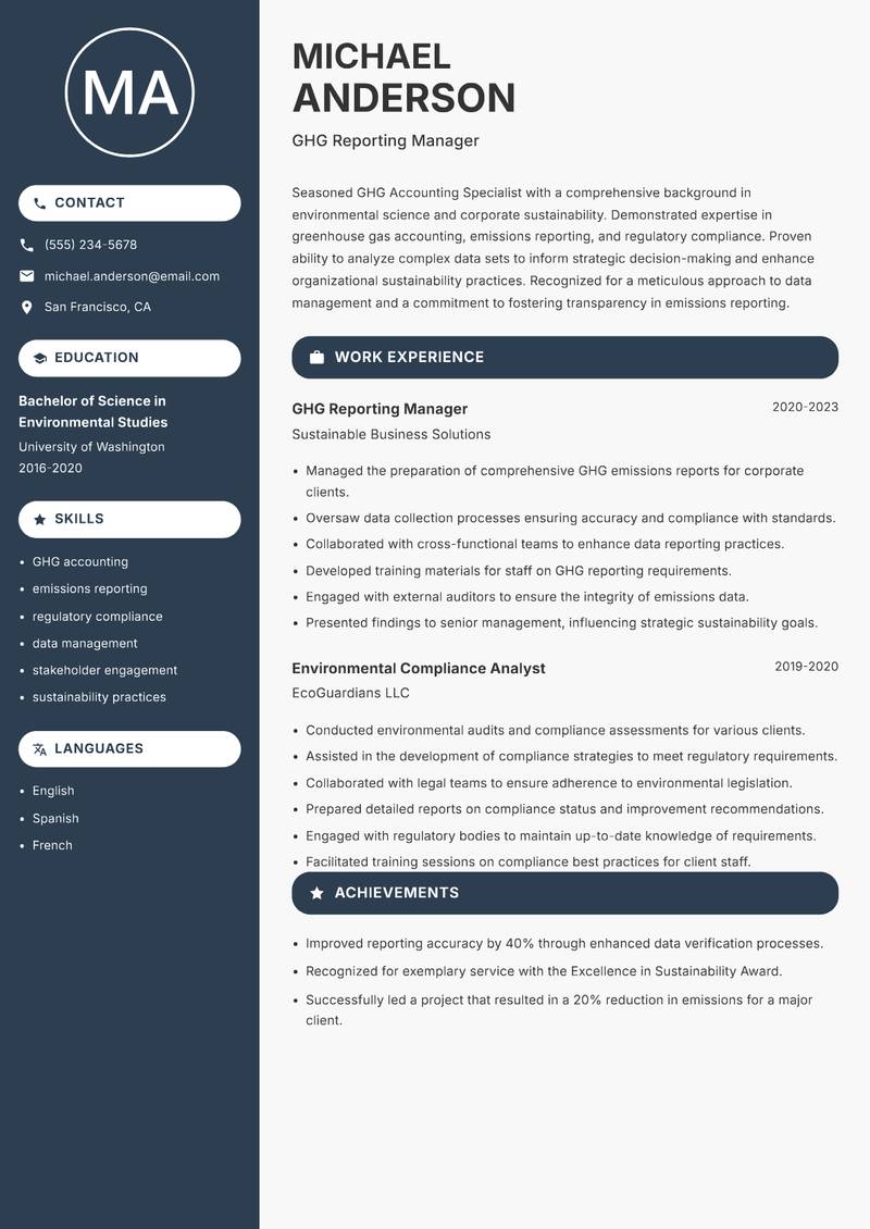 GHG Accounting Specialist resume sample — GHG Reporting Manager focus