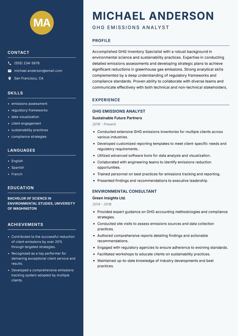 GHG Inventory Specialist resume sample — GHG Emissions Analyst focus