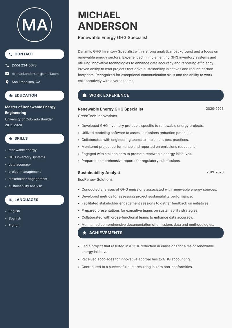 GHG Inventory Specialist resume sample — Renewable Energy GHG Specialist focus
