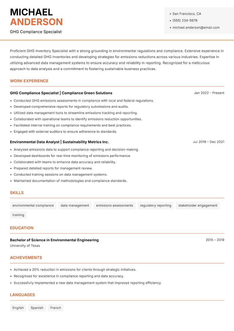 GHG Inventory Specialist resume sample — GHG Compliance Specialist focus