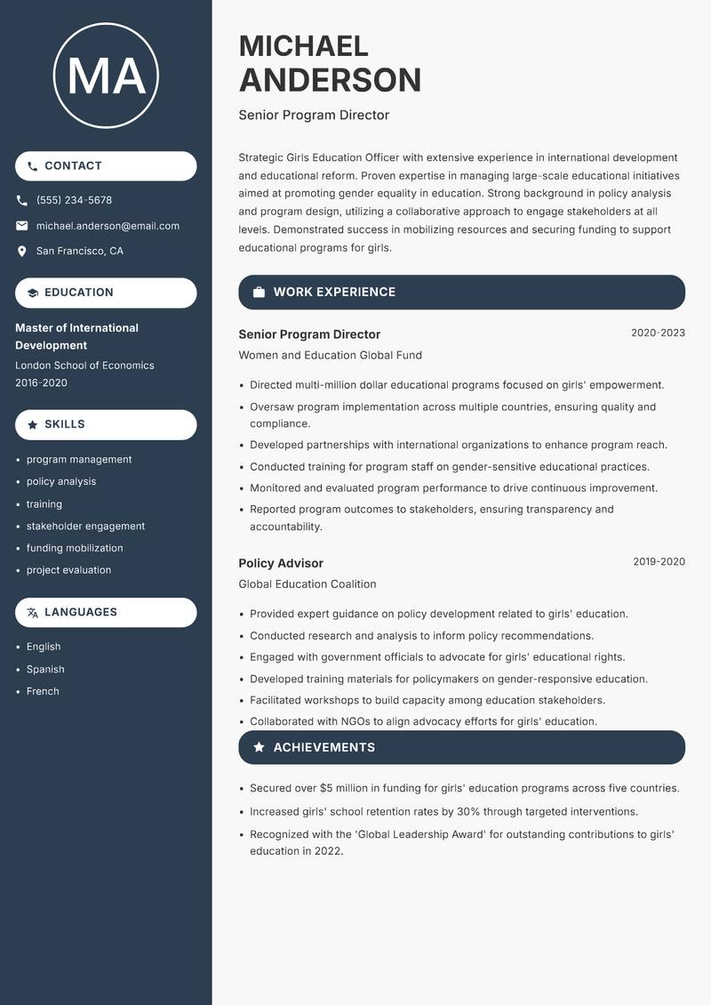 Girls Education Officer resume sample — Senior Program Director focus
