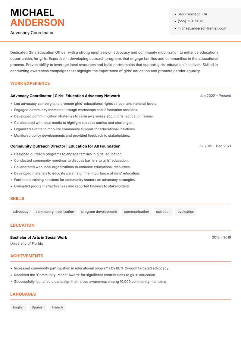 Girls Education Officer resume sample — Advocacy Coordinator focus