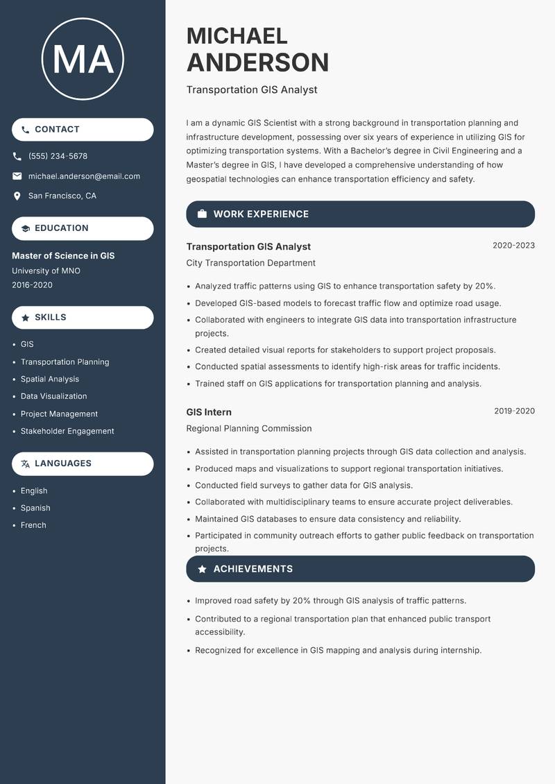 GIS Scientist resume sample — Transportation GIS Analyst focus