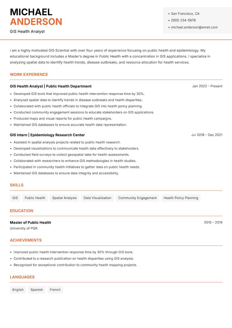 GIS Scientist resume sample — GIS Health Analyst focus