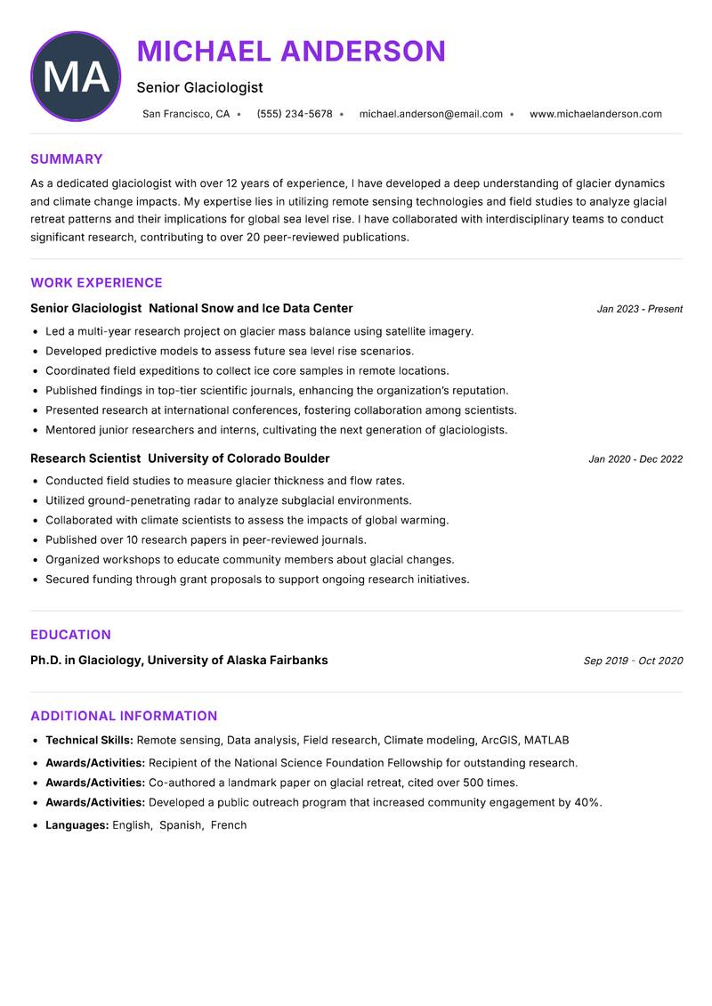Glaciologist resume example