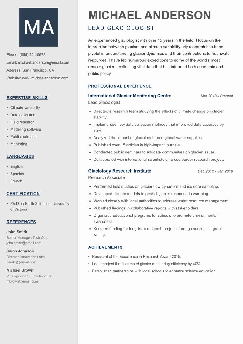 Glaciologist resume sample — Lead Glaciologist focus