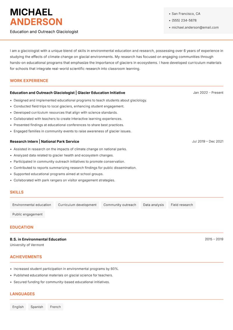 Glaciologist resume sample — Education and Outreach Glaciologist focus