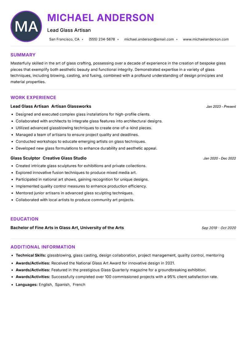 Glass Craft Artisan resume example