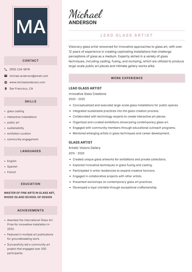 Glass Craft Artisan resume sample — Lead Glass Artist focus