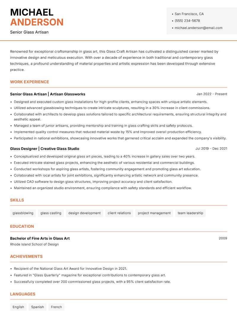 Glass Craft Artisan resume sample — Senior Glass Artisan focus