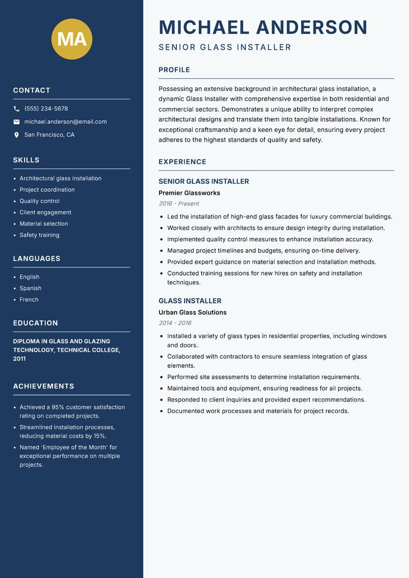 Glass Installer resume sample — Senior Glass Installer focus