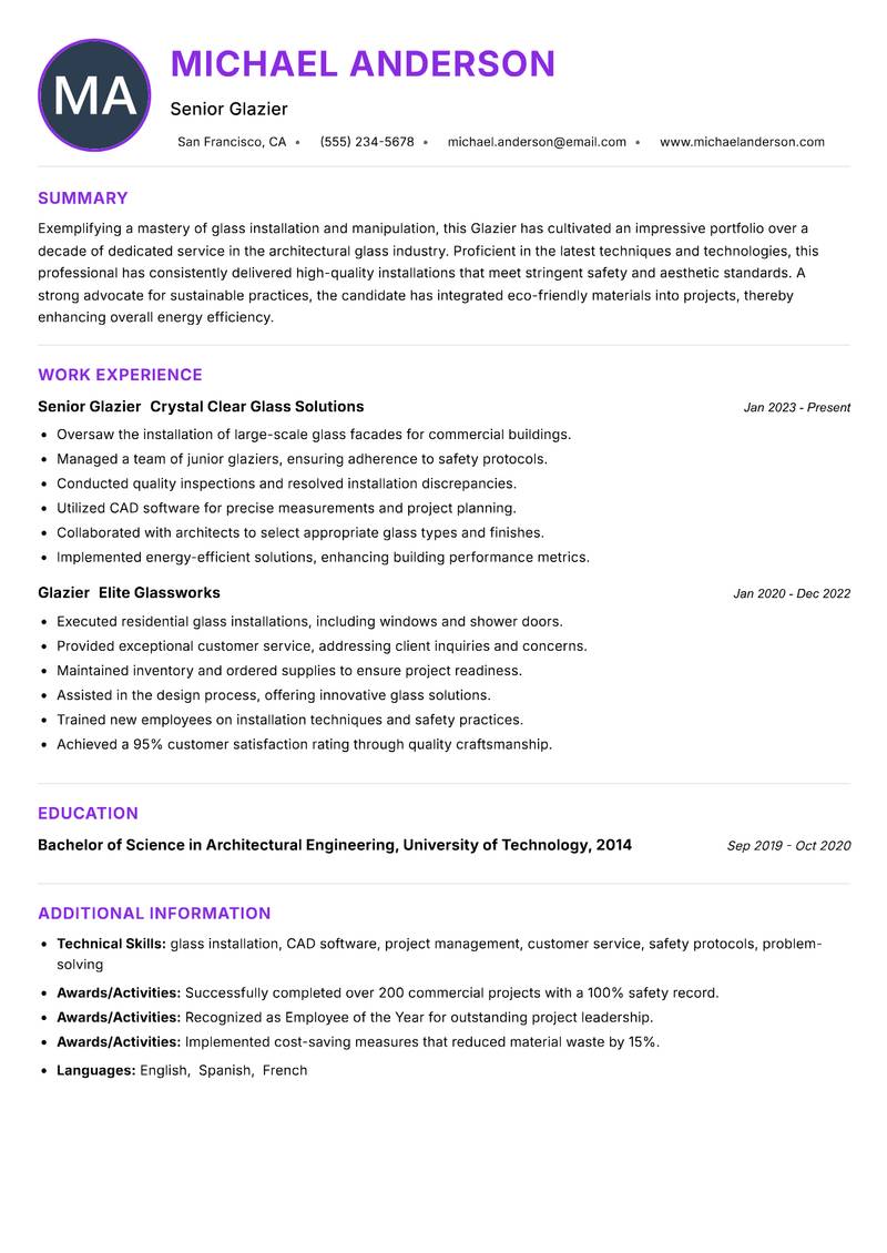 Glazier resume example