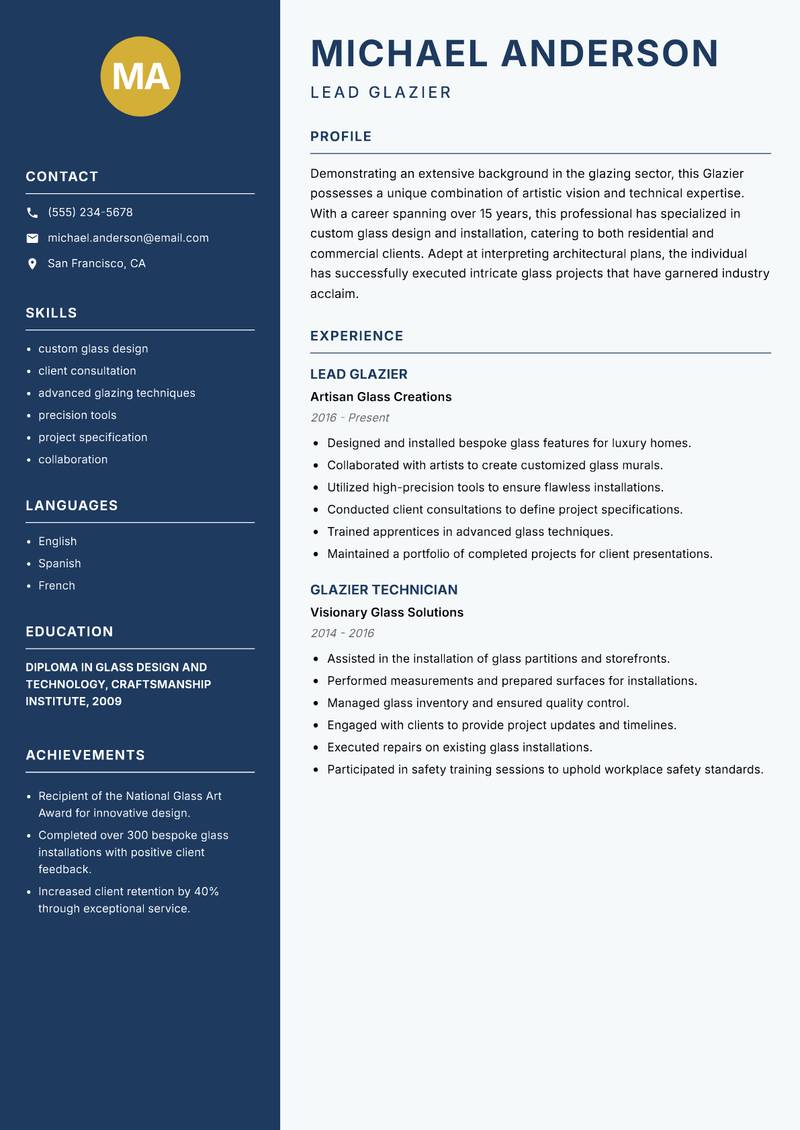 Glazier resume sample — Lead Glazier focus
