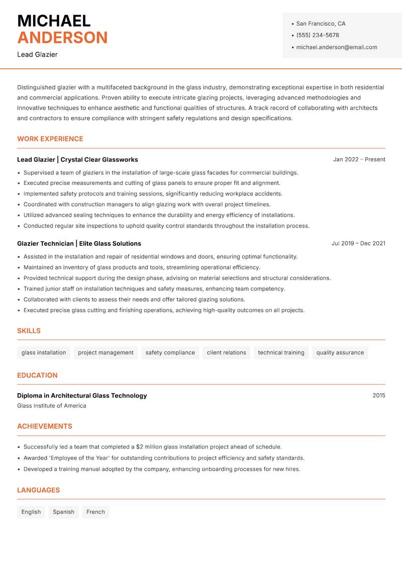Glazier resume sample — Lead Glazier focus