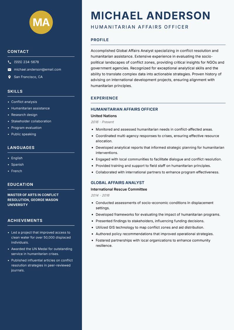 Global Affairs Analyst resume sample — Humanitarian Affairs Officer focus