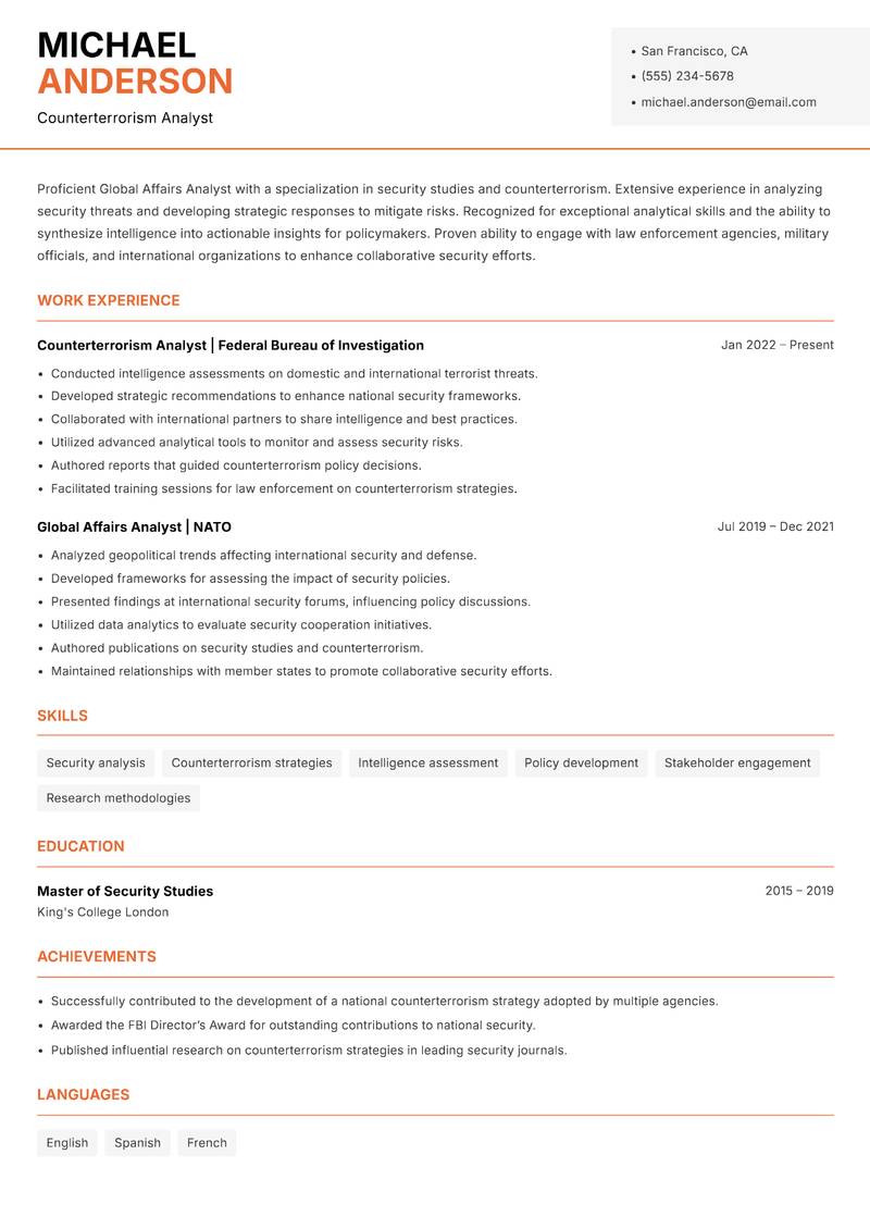Global Affairs Analyst resume sample — Counterterrorism Analyst focus