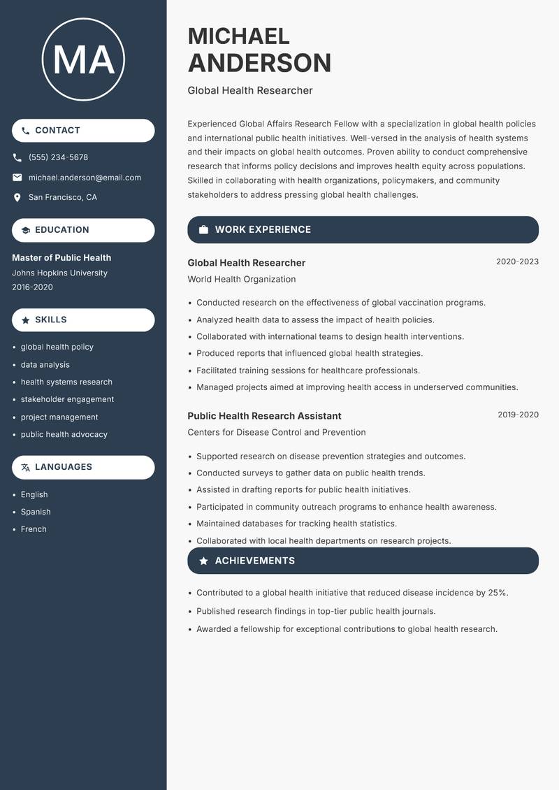 Global Affairs Research Fellow resume sample — Global Health Researcher focus