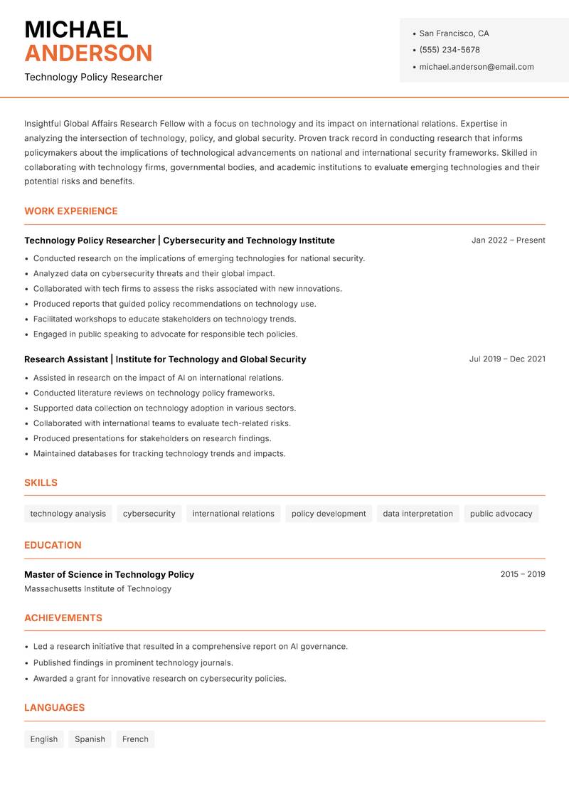 Global Affairs Research Fellow resume sample — Technology Policy Researcher focus