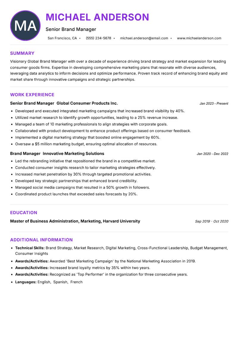 Global Brand Manager resume example