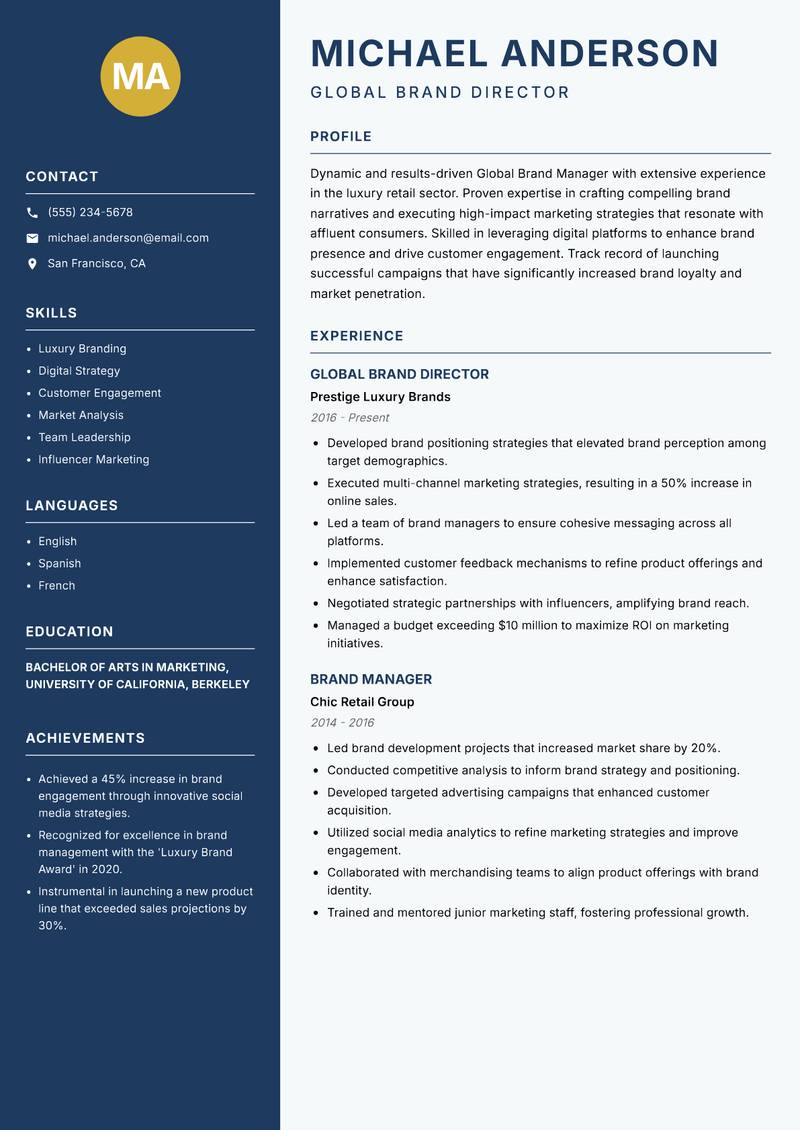Global Brand Manager resume sample — Global Brand Director focus