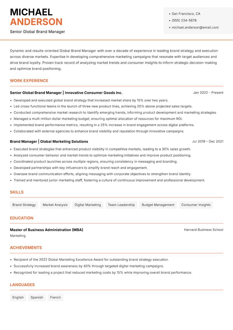 Global Brand Manager resume sample — Senior Global Brand Manager focus