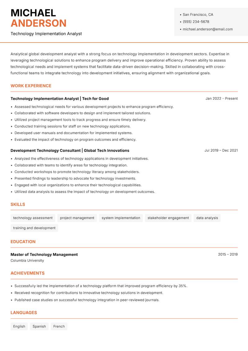 Global Development Analyst resume sample — Technology Implementation Analyst focus