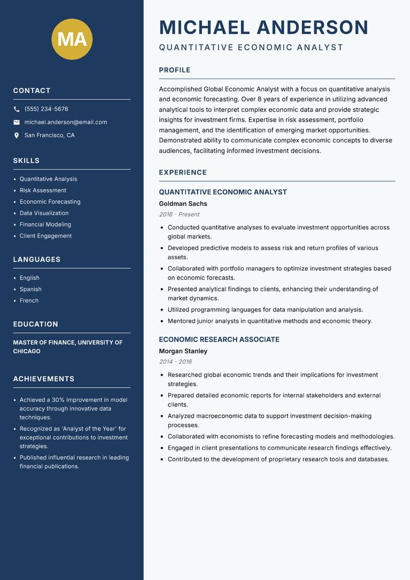 Global Economic Analyst resume sample — Quantitative Economic Analyst focus