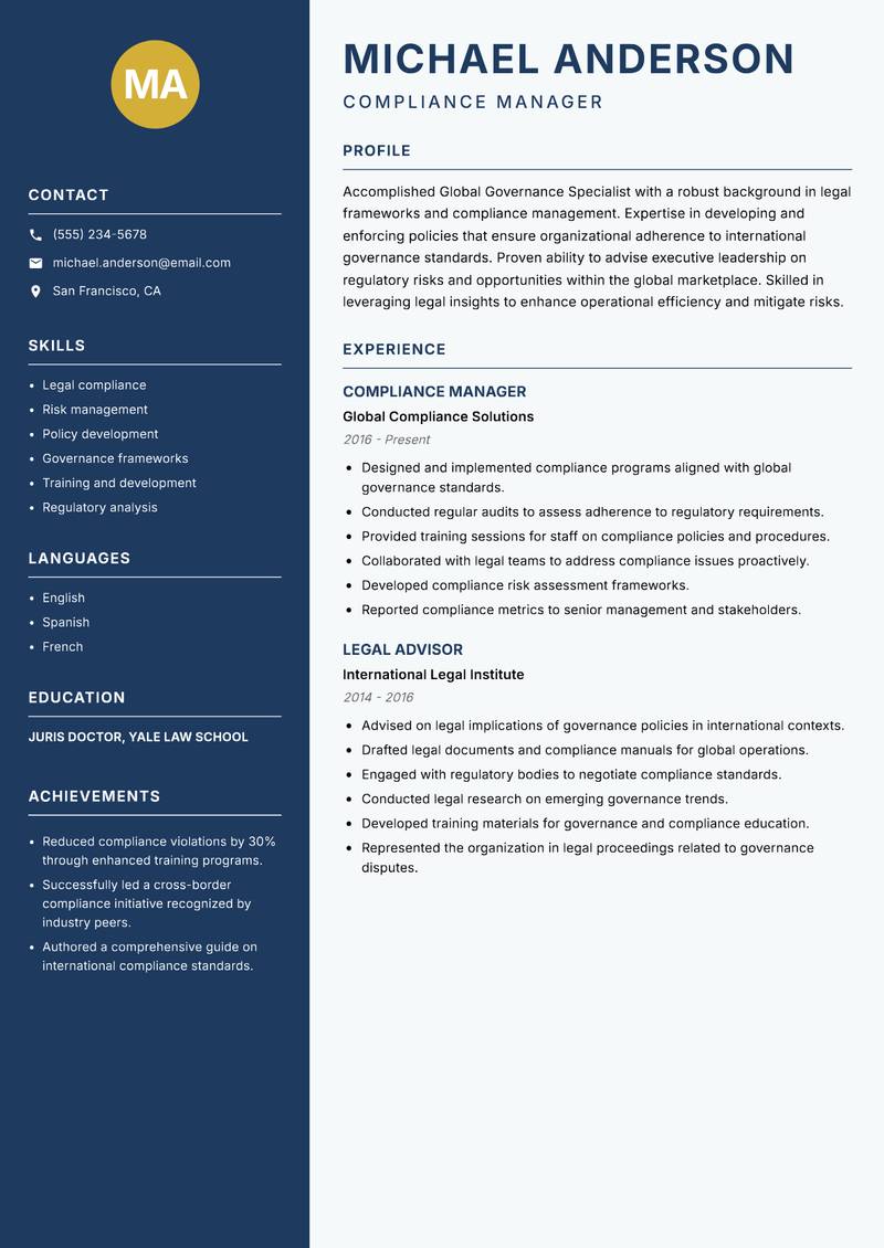 Global Governance Specialist resume sample — Compliance Manager focus