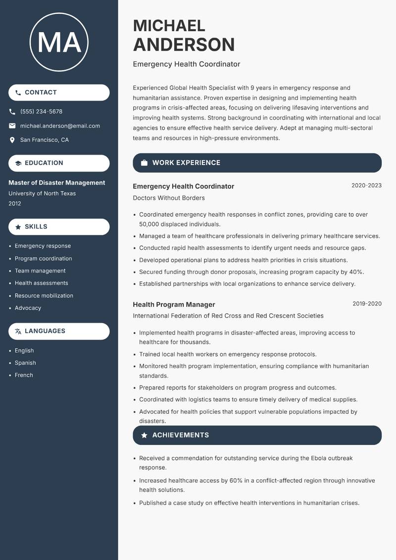 Global Health Specialist resume sample — Emergency Health Coordinator focus
