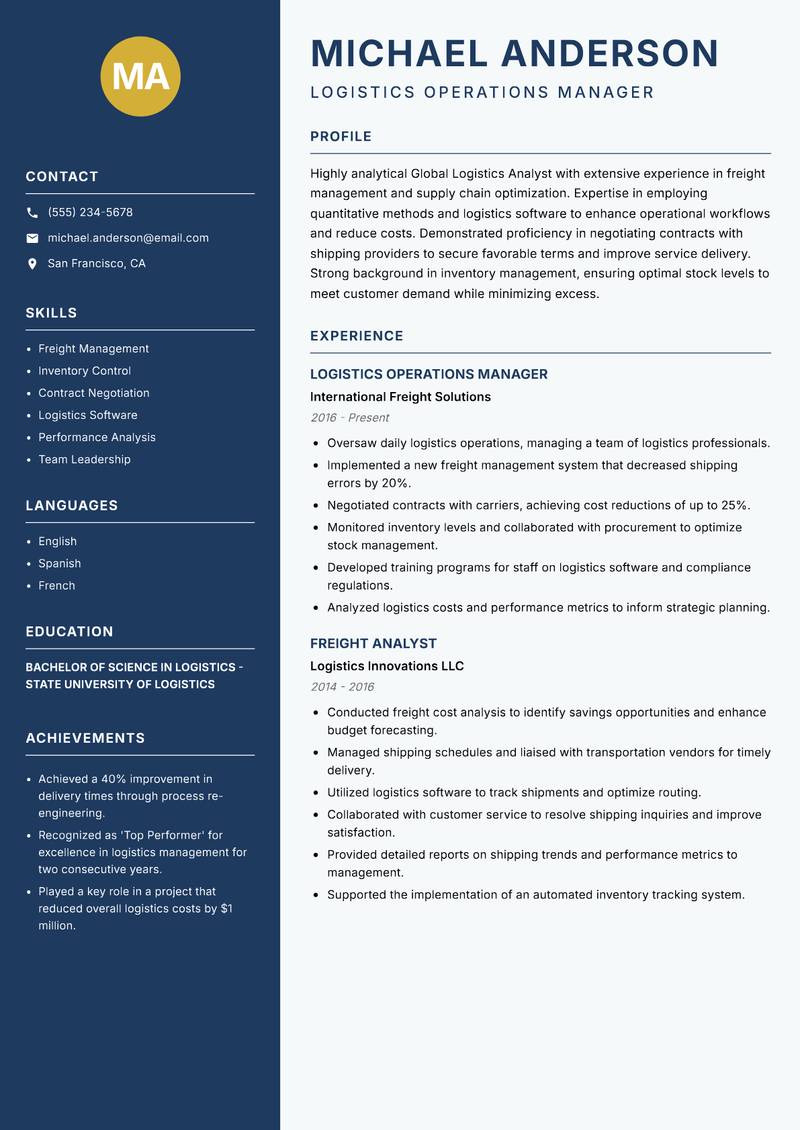 Global Logistics Analyst resume sample — Logistics Operations Manager focus