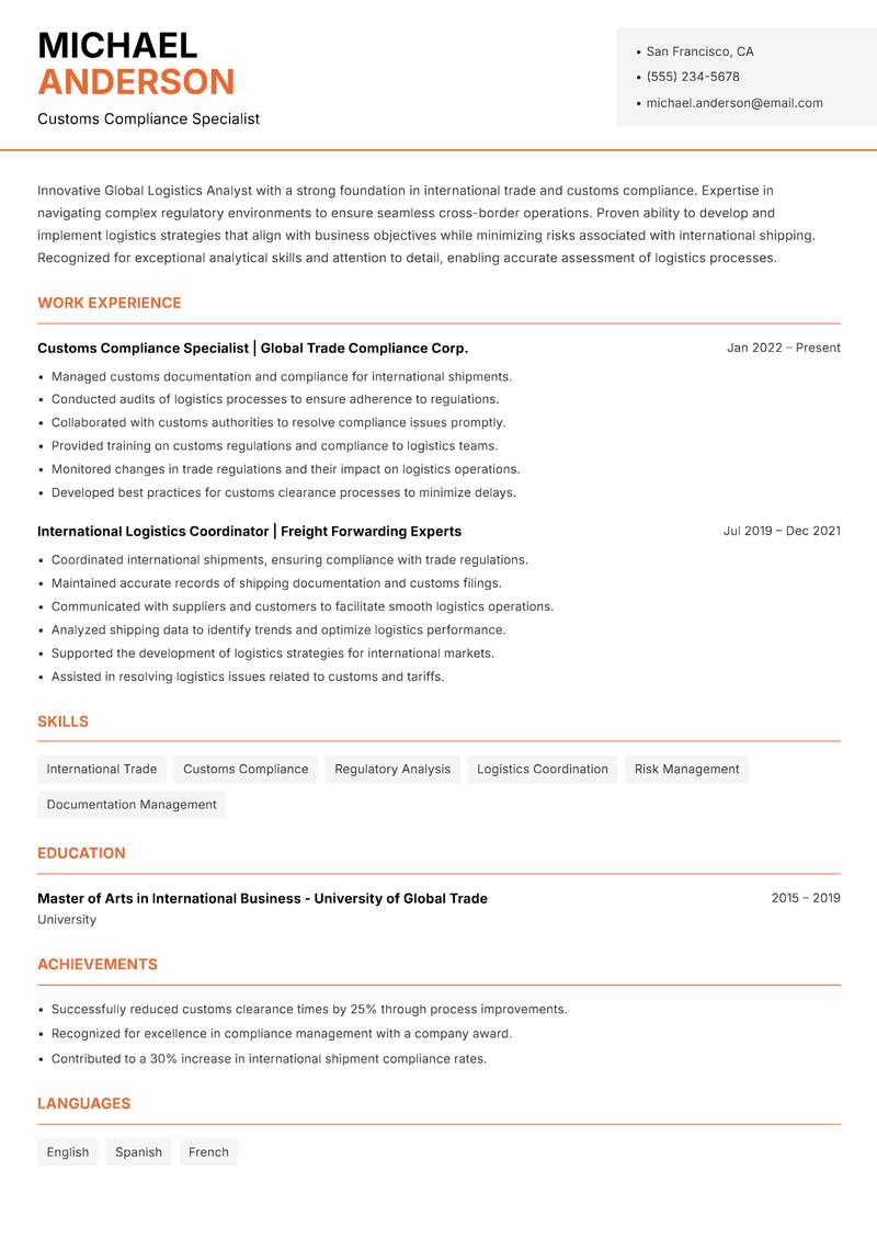Global Logistics Analyst resume sample — Customs Compliance Specialist focus