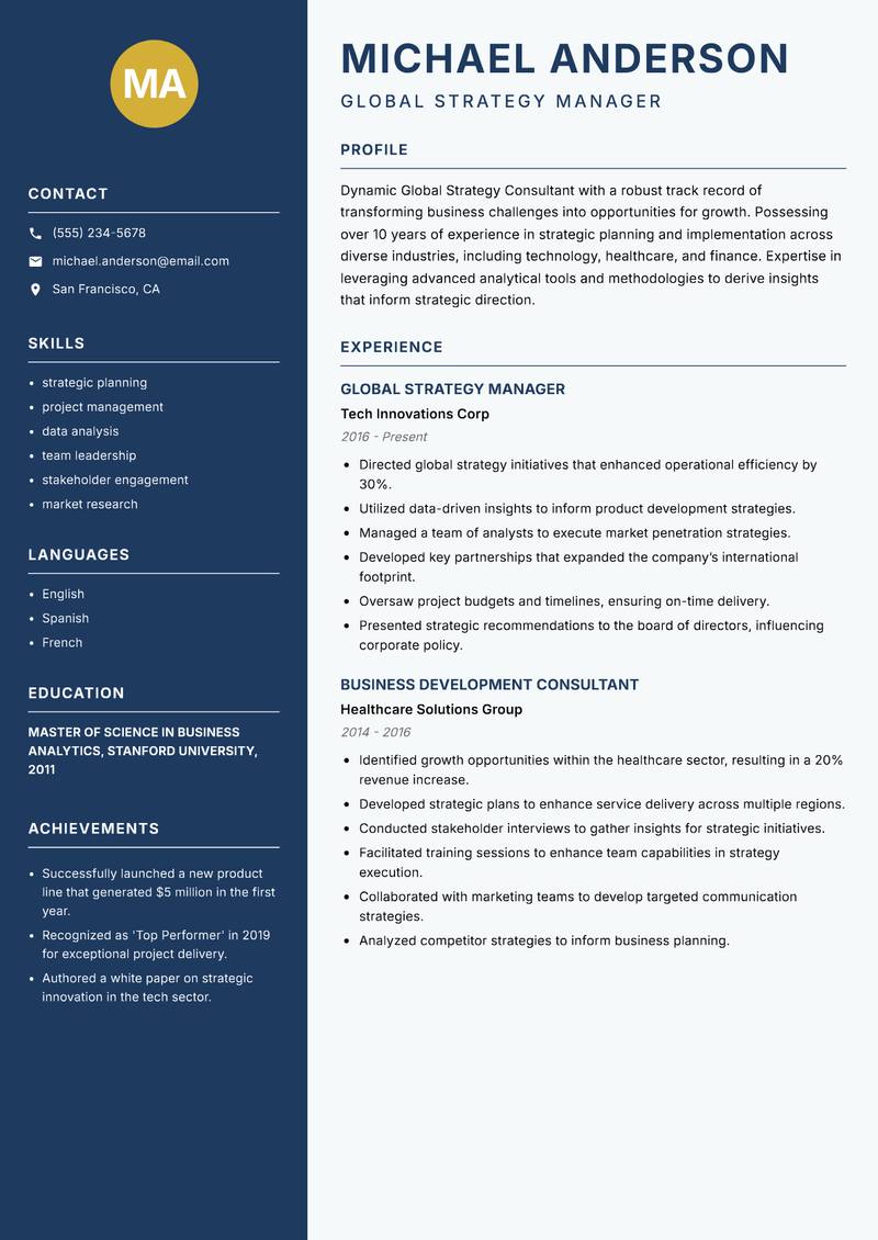 Global Strategy Consultant resume sample — Global Strategy Manager focus