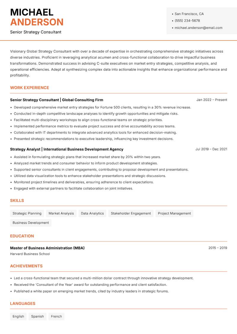 Global Strategy Consultant resume sample — Senior Strategy Consultant focus