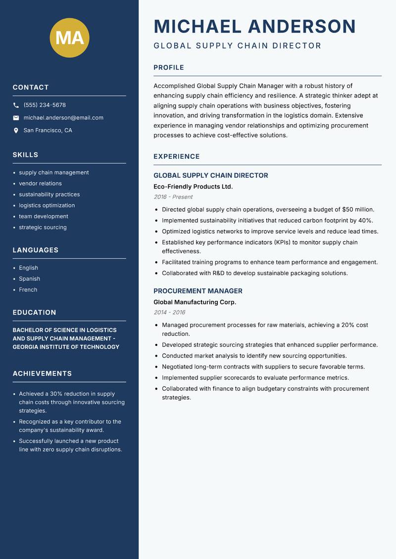 Global Supply Chain Manager resume sample — Global Supply Chain Director focus