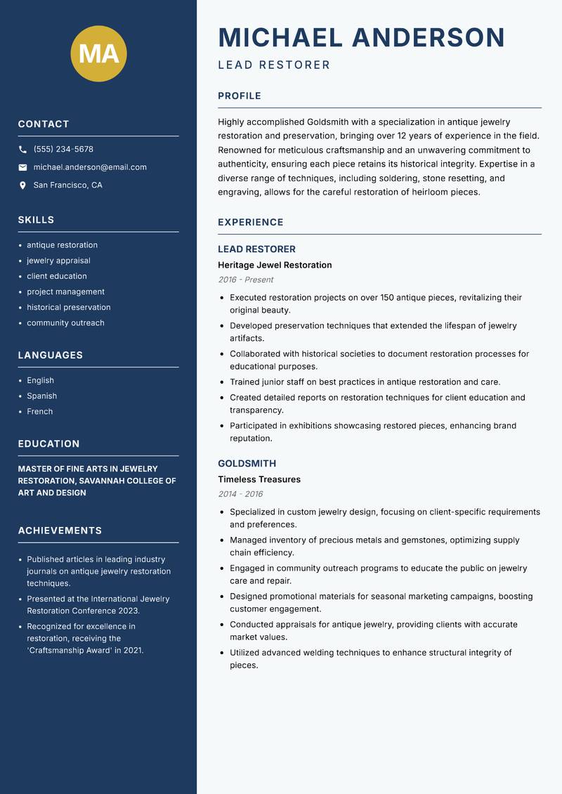Goldsmith resume sample — Lead Restorer focus