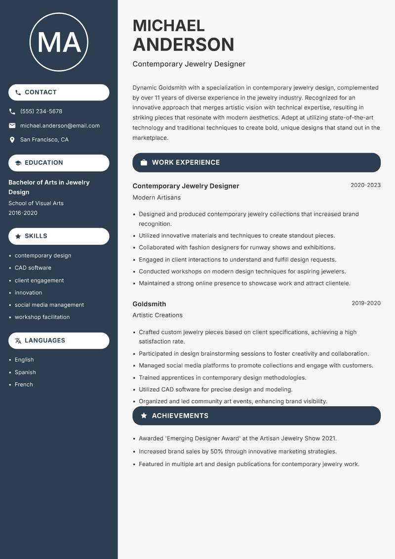 Goldsmith resume sample — Contemporary Jewelry Designer focus