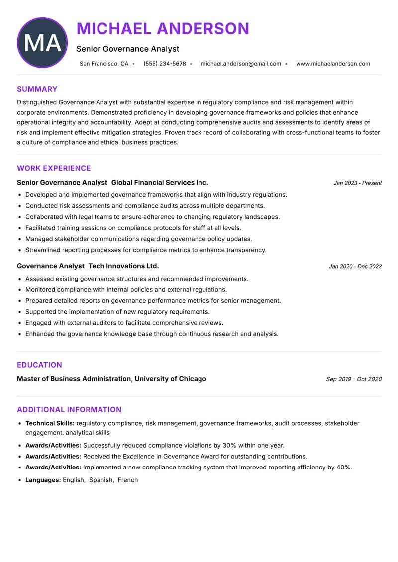 Governance Analyst resume example