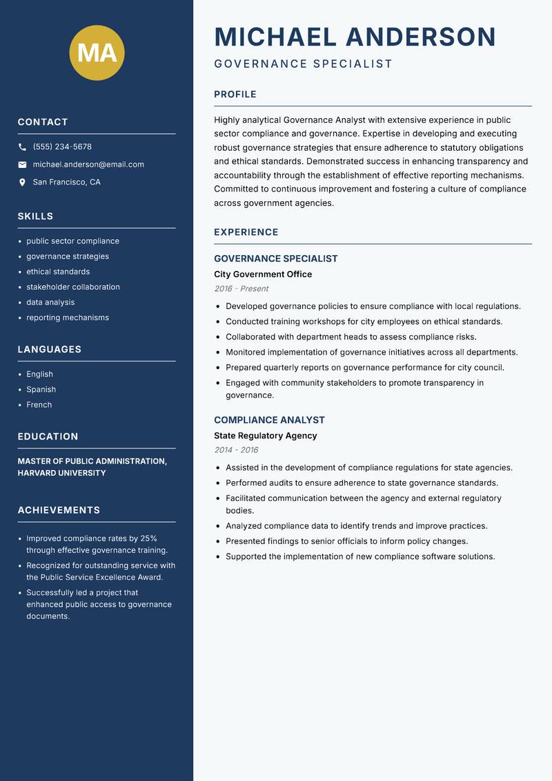 Governance Analyst resume sample — Governance Specialist focus