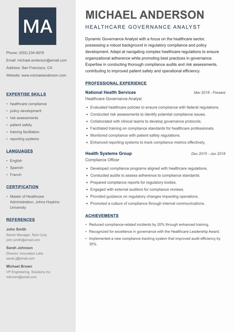 Governance Analyst resume sample — Healthcare Governance Analyst focus