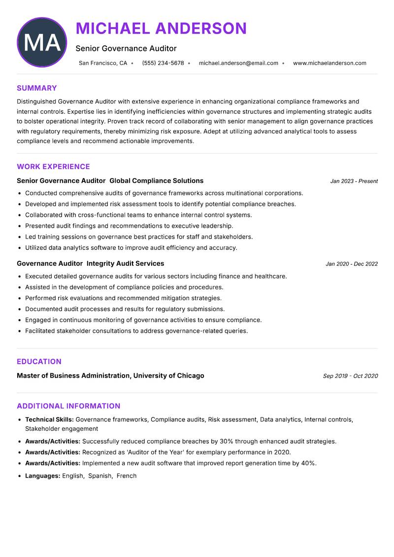 Governance Auditor resume example