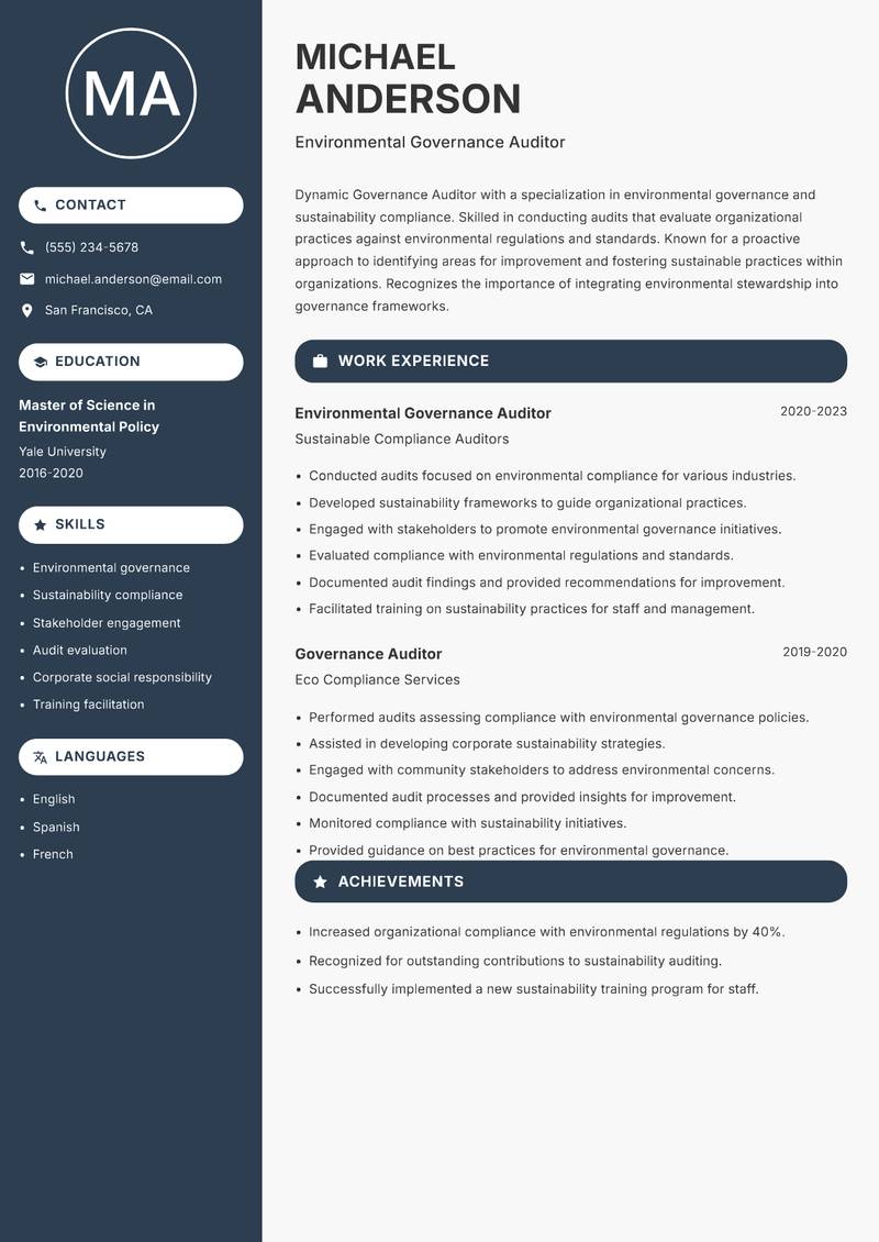 Governance Auditor resume sample — Environmental Governance Auditor focus