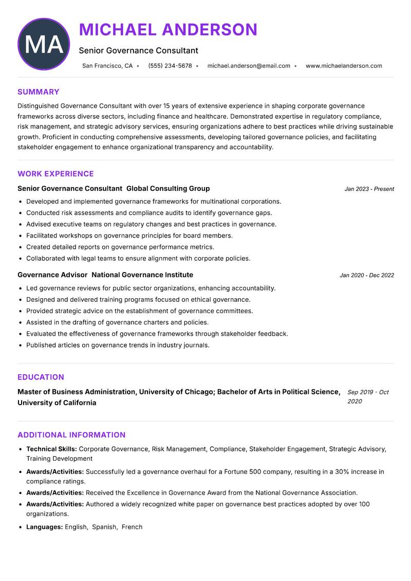 Governance Consultant resume example
