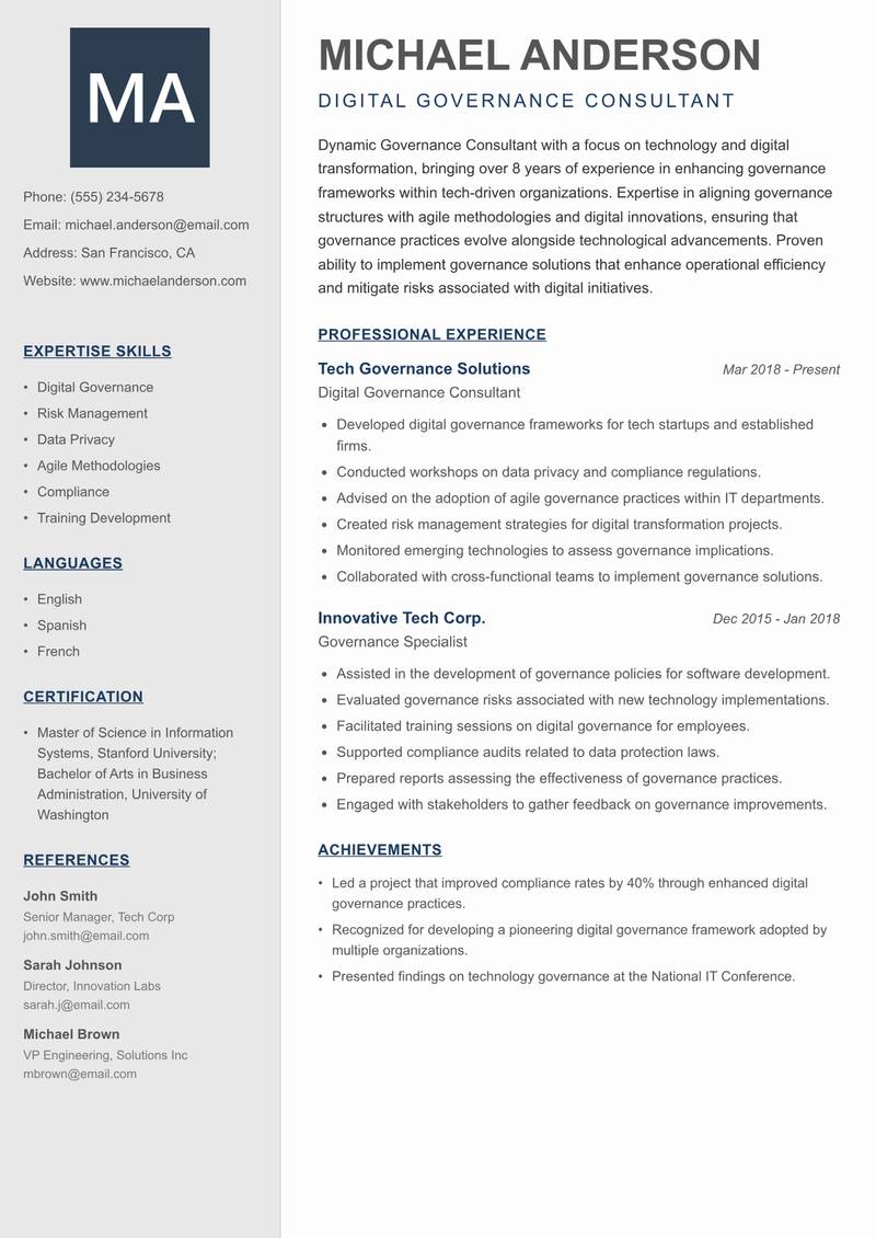 Governance Consultant resume sample — Digital Governance Consultant focus