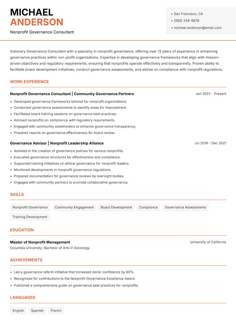 Governance Consultant resume sample — Nonprofit Governance Consultant focus