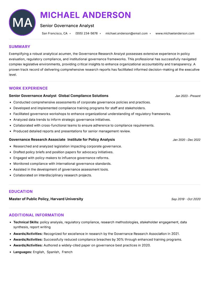 Governance Research Analyst resume example