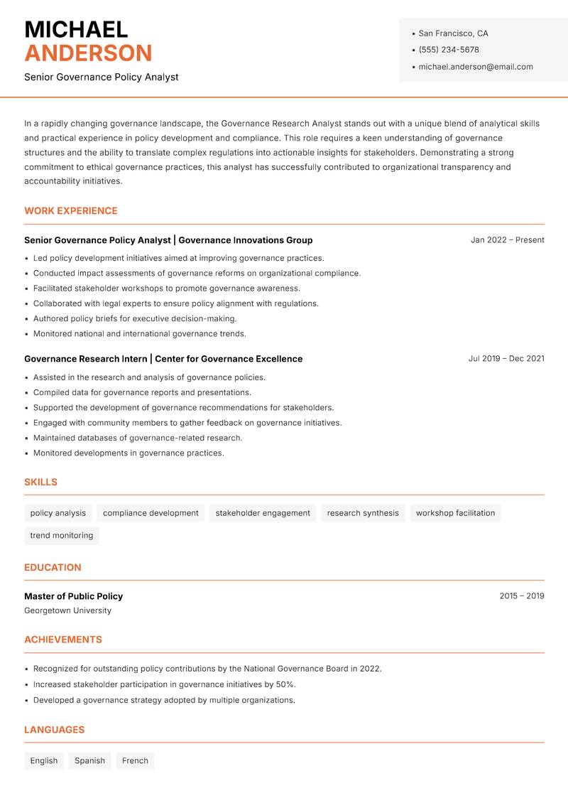 Governance Research Analyst resume sample — Senior Governance Policy Analyst focus