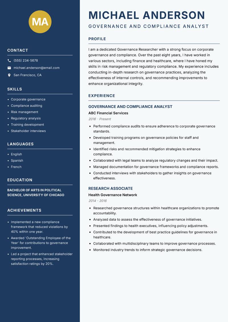 Governance Researcher resume sample — Governance and Compliance Analyst focus